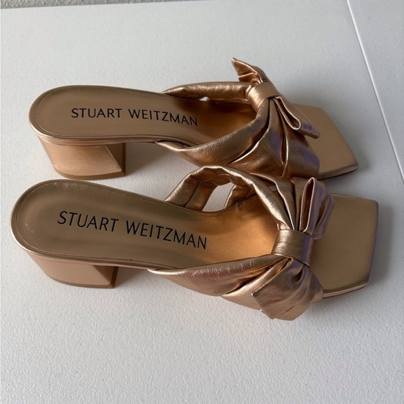 Stuart Weitzman Sofia 45 Slide Bow Detail Bronze Gold Block Heel Size 6.5B - Picture 5 of 12